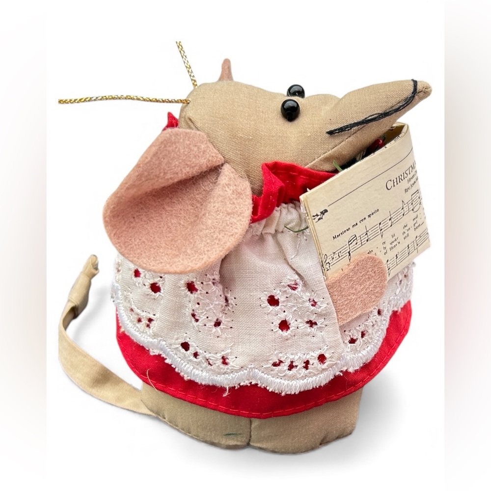Mini Christmas Mouse Caroler Ornament Vintage Style Lace Dress Red Skirt